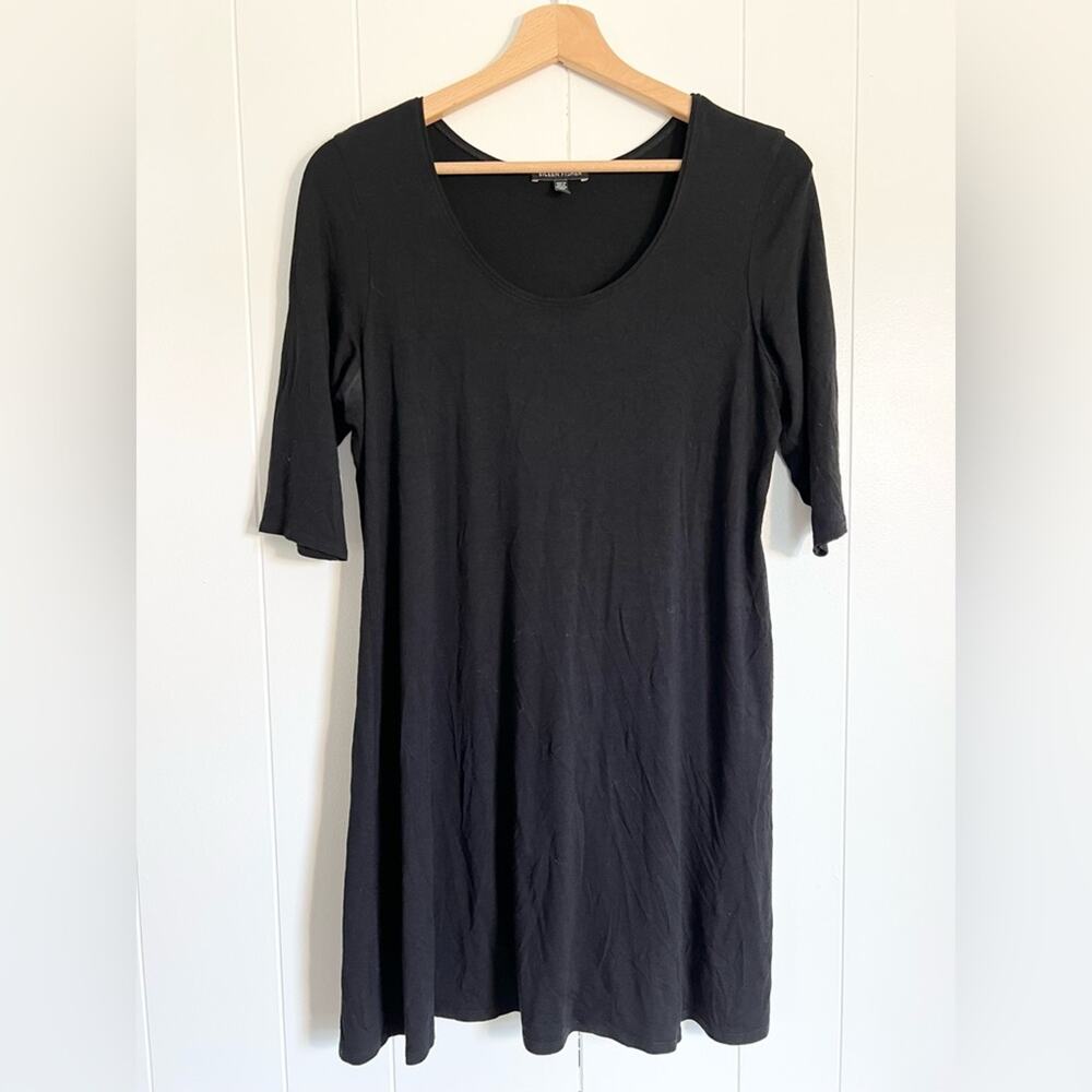 Eileen fisher scoop neck tunic top black 3/4 sleeve stretchy comfortable fall